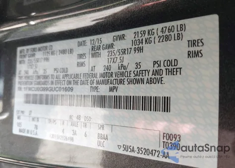 2016 Ford Escape Se из США, поврежденный, VIN 1FMCU0G99GUC01609